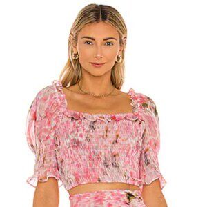 MISA Los Angeles Pink Floral Smocked Puff Sleeve Crop Top NWT Medium Romantic Co